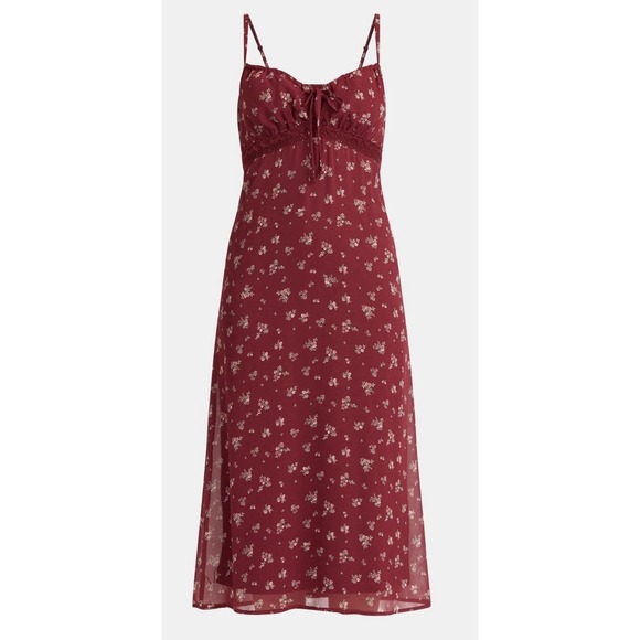 No Boundaries Dresses & Skirts - No Boundaries Burgundy Floral Midi Dress Lace Trim Smocked Back Cottagecore Med